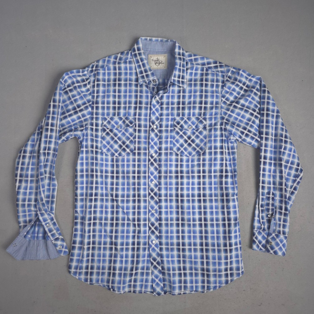 Age of Wisdom‎ Mens XL Blue Plaid Long Sleeve Pearl Snap Western Shirt